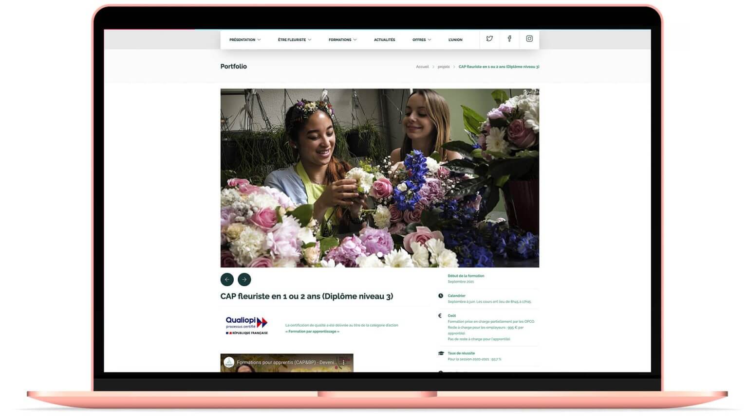 Ordinateur affichant la section CAP du site École des fleuristes de Paris webmarketing