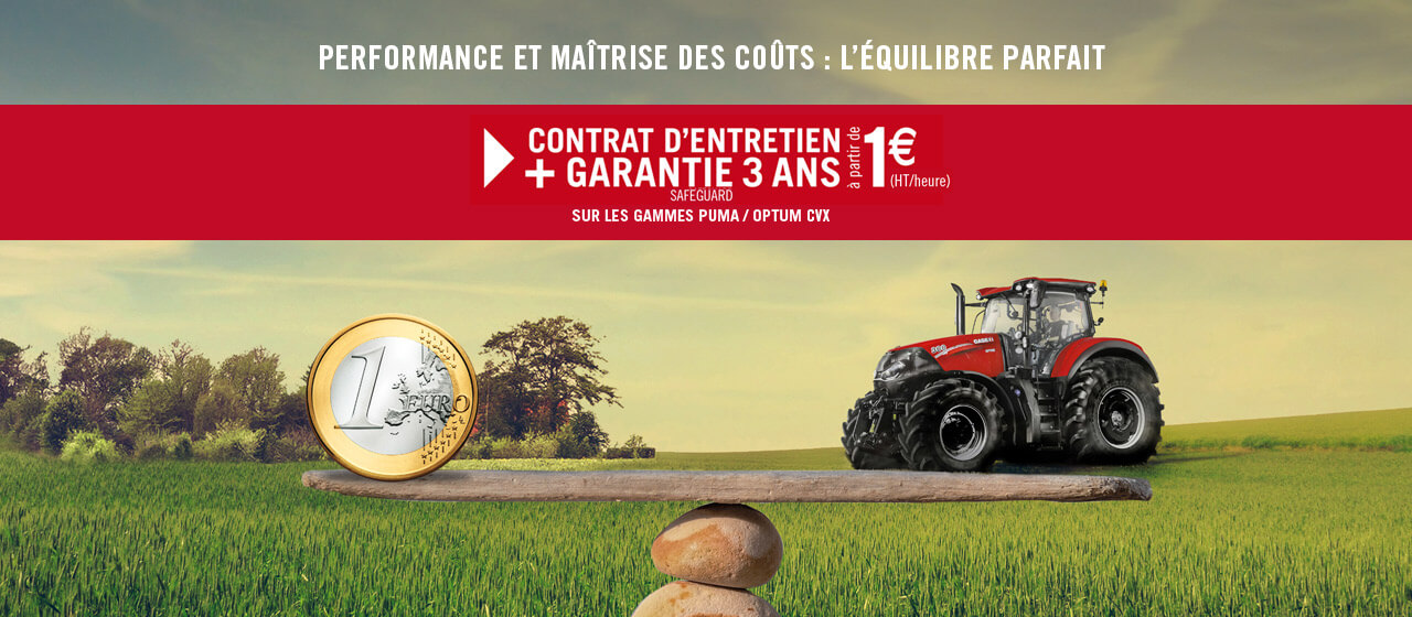 Visuel publicitaire entreprise Case IH balance en pierre pesant une pièce de 1 euro à égalité avec un tracteur rouge communication
