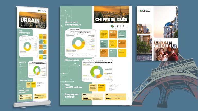 Mise en situation d'une brochure et d'un kakémono de communication réalisée par l'agence Puck pour la CPCU