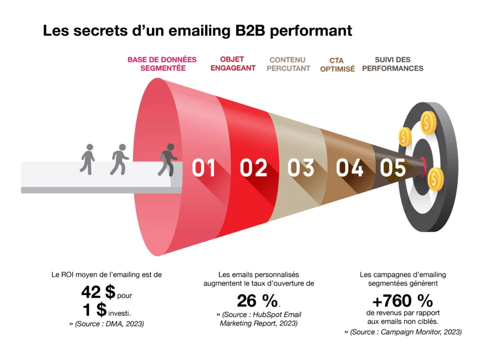 Schéma emailing B2B performant en 5 étapes : base de données segmentée, objet engageant, contenu percutant, CTA optimisé et suivi des performances