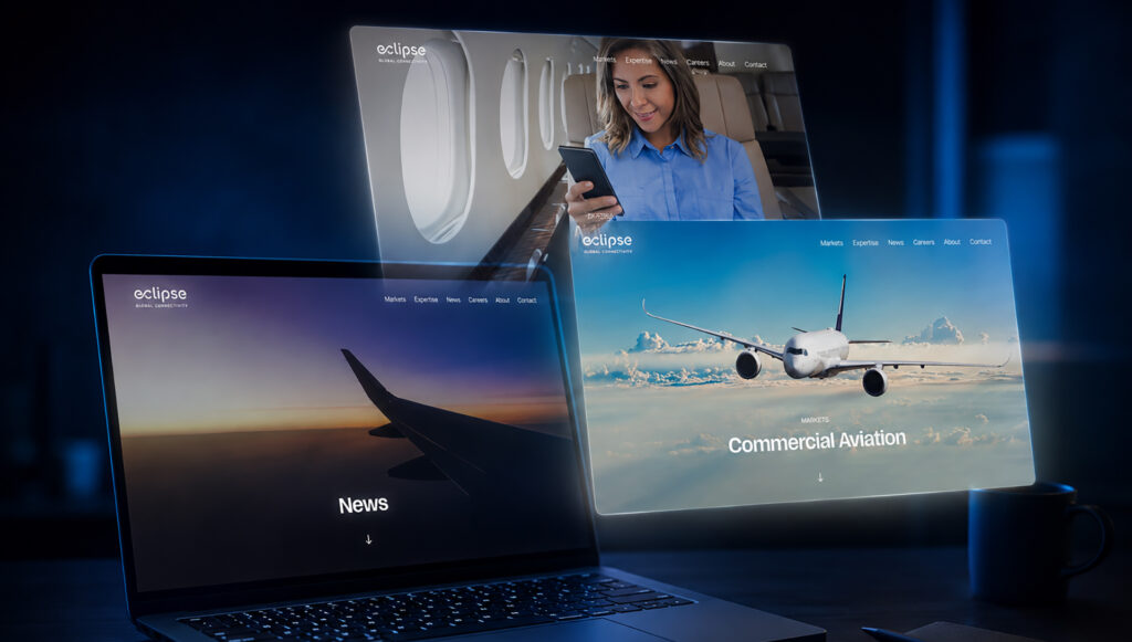 Plusieurs pages du site Eclipse Global Connectivity – Aviation d'affaires, Commercial Aviation et News