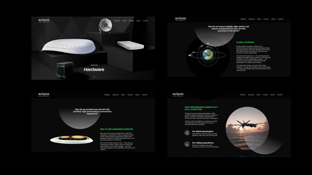 Pages intérieures site Eclipse Global Connectivity – Hardware, Airtime et connectivité militaire