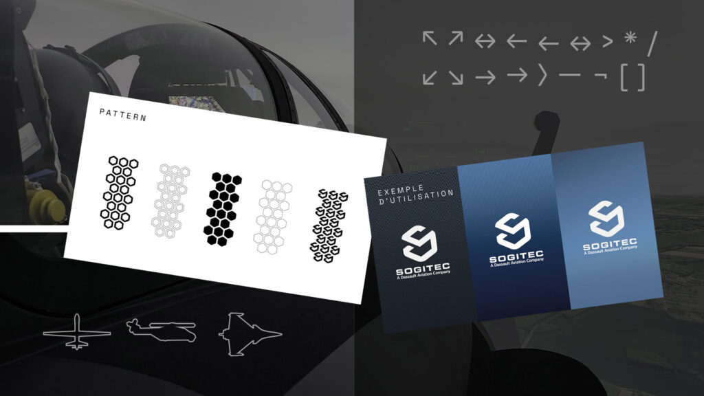 Éléments graphiques charte Sogitec : patterns hexagonaux, silhouettes d'aéronefs et typographie HUD