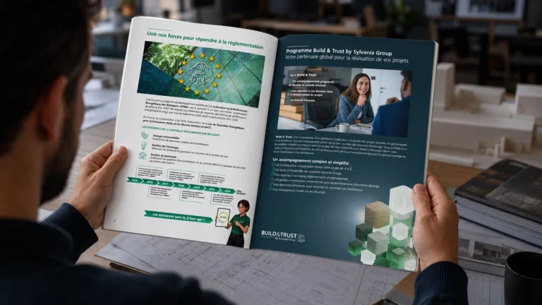 Double page de la brochure Sylvania Build & Trust sur la réglementation énergétique